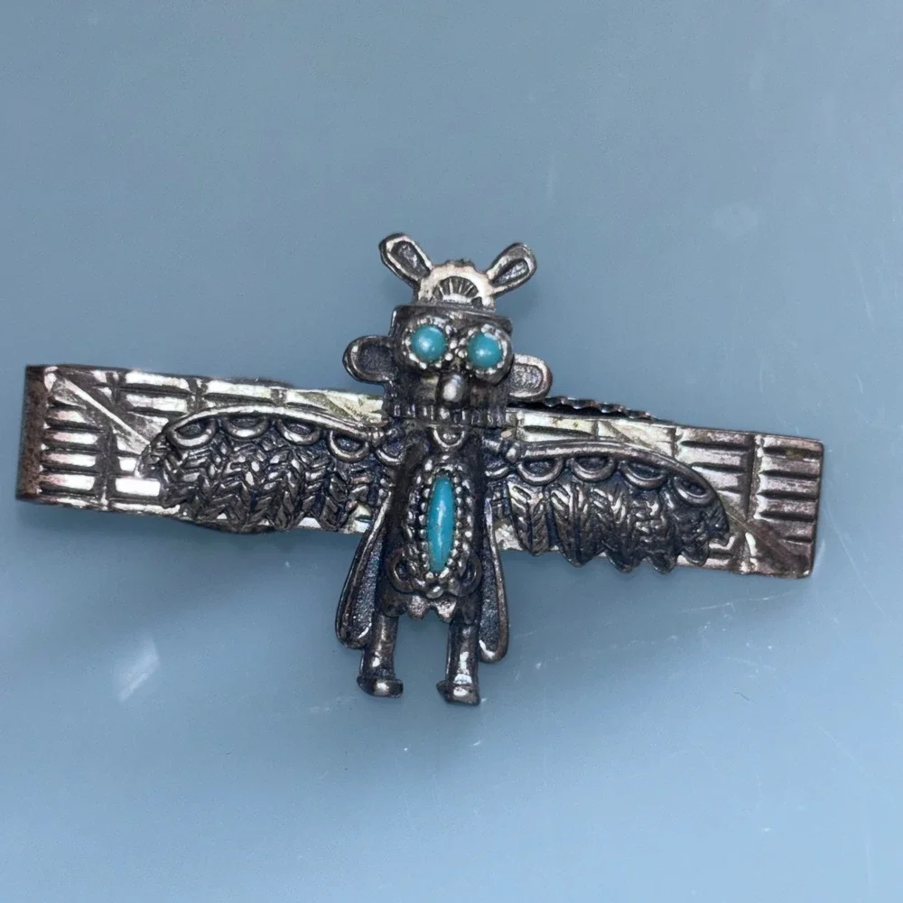Mens OS Kachina Silver Turquoise Thunderbird Tie Clip Southwestern Tribal